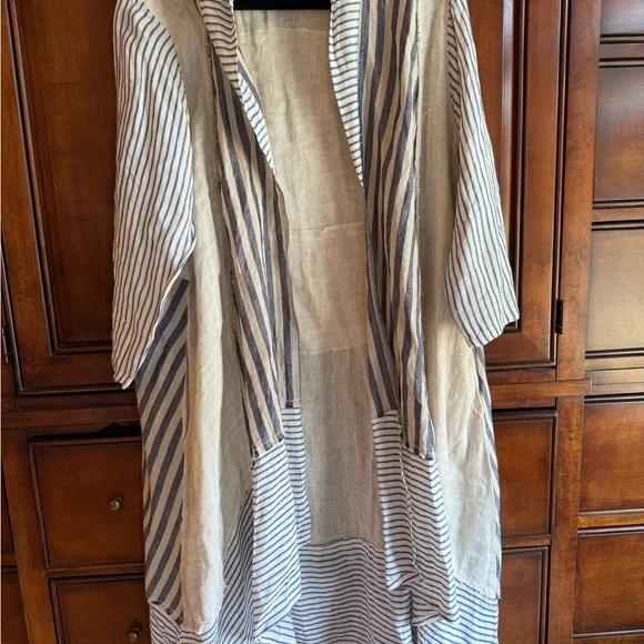 Striped Beige and Blue Women's Coat - Picture 2 of 5